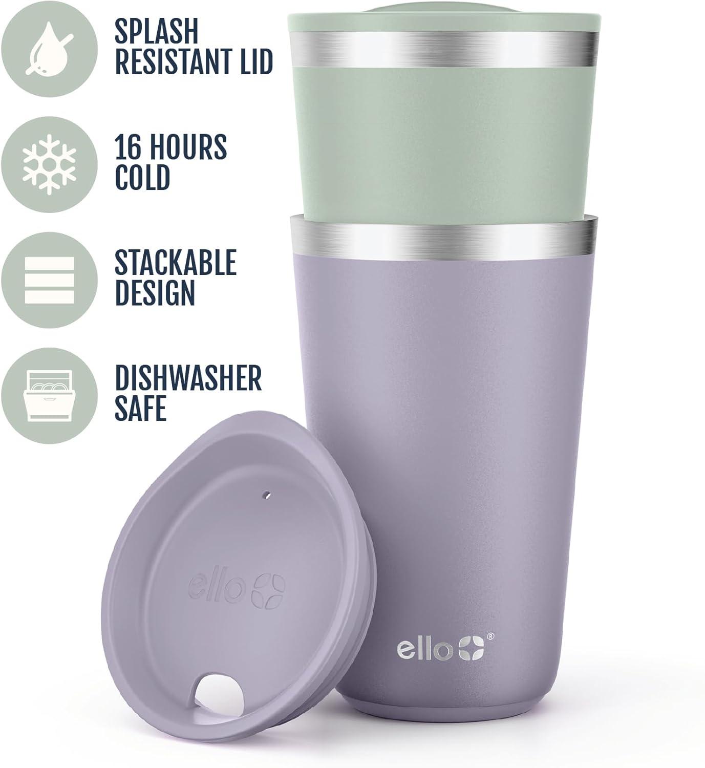 imageEllo 2 Pack 16oz Stainless Steel Stacking Cups with Easy Press Lids Pint Size Reusable Tumblers for Parties Home Camping Outdoor Keeps Cold for 16 Hours Dishwasher Safe Soft Plum amp SageSoft Plum Sage