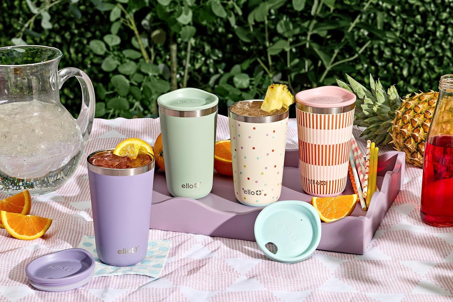 imageEllo 2 Pack 16oz Stainless Steel Stacking Cups with Easy Press Lids Pint Size Reusable Tumblers for Parties Home Camping Outdoor Keeps Cold for 16 Hours Dishwasher Safe Soft Plum amp SageSoft Plum Sage