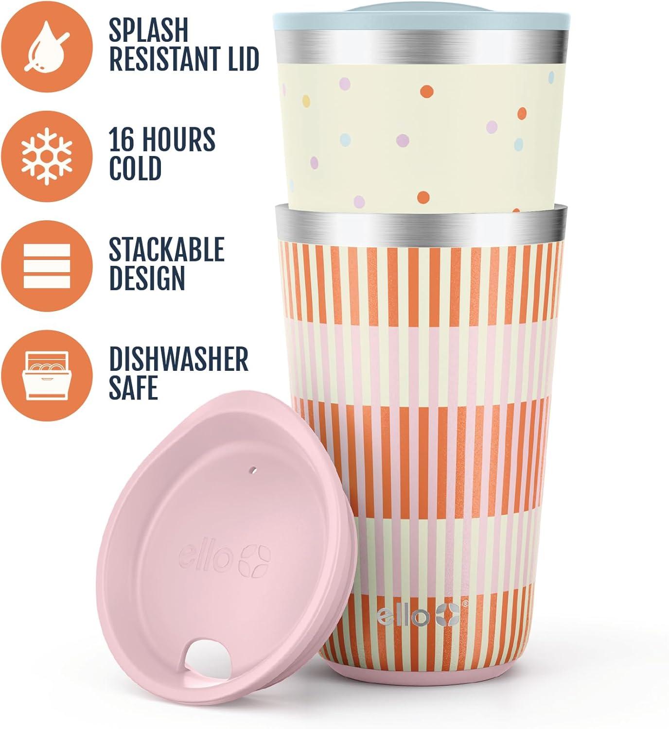 imageEllo 2 Pack 16oz Stainless Steel Stacking Cups with Easy Press Lids Pint Size Reusable Tumblers for Parties Home Camping Outdoor Keeps Cold for 16 Hours Dishwasher Safe Soft Plum amp SageStripes Dots