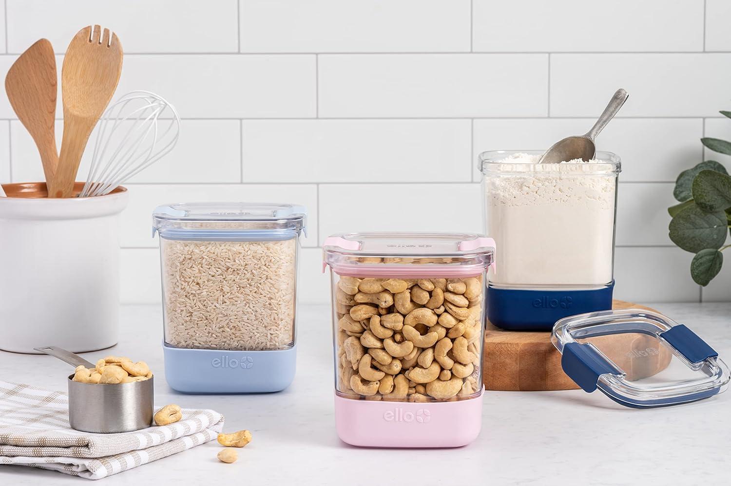 imageEllo Airtight Food Storage Plastic Canisters with NonSlip Base Locking Lids and Labels for Kitchen and Pantry Organization Perfect for Sugar Cerea Pasta Dry Food Set of 3 66 Cup Cupcake