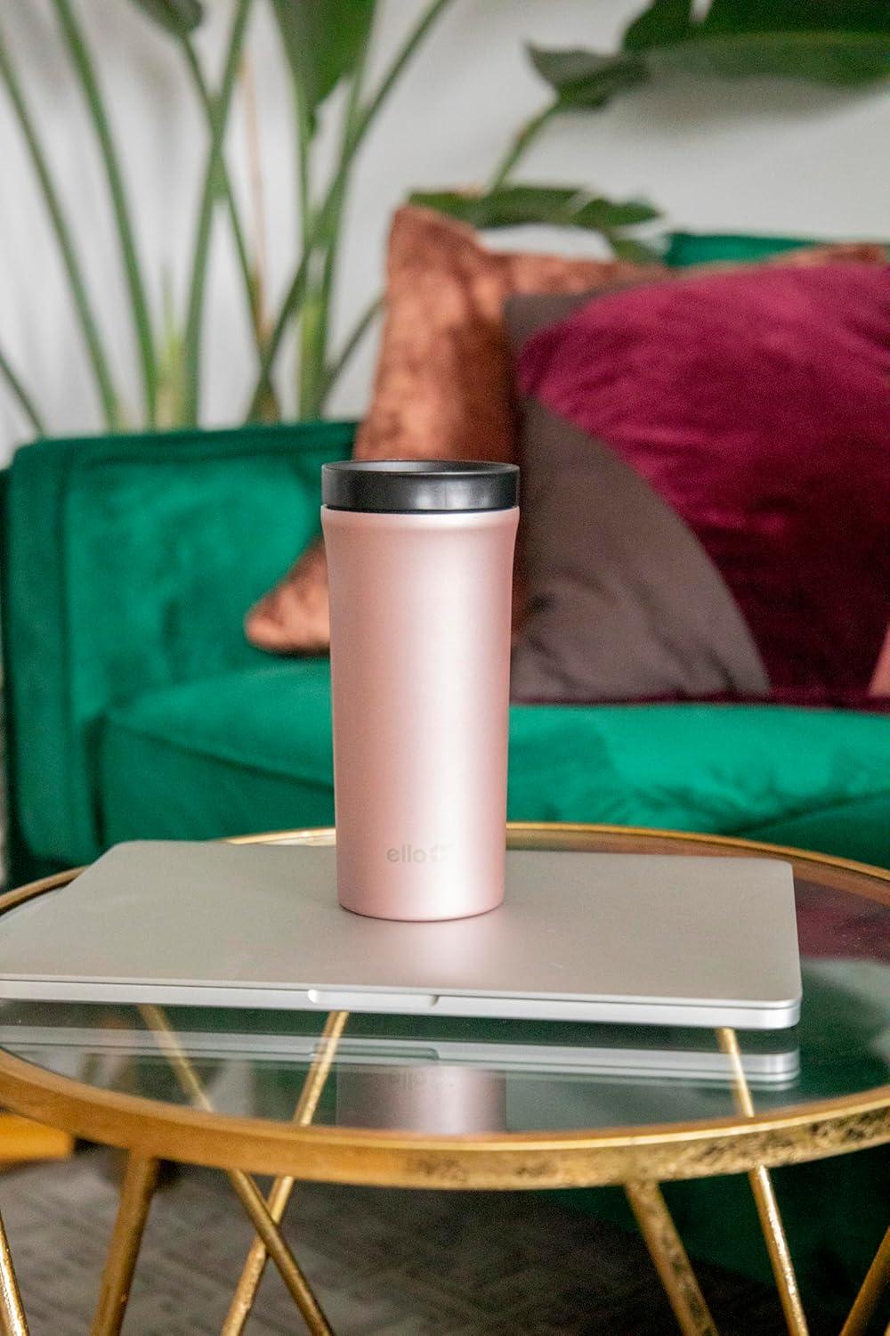 imageEllo Arabica 14oz Stainless Steel Travel Mug with LeakProof Slider Lid Keeps Hot for 5 Hours Perfect for Coffee or Tea BPAFree Tumbler Gift for Coffee Lovers BlackRosegold