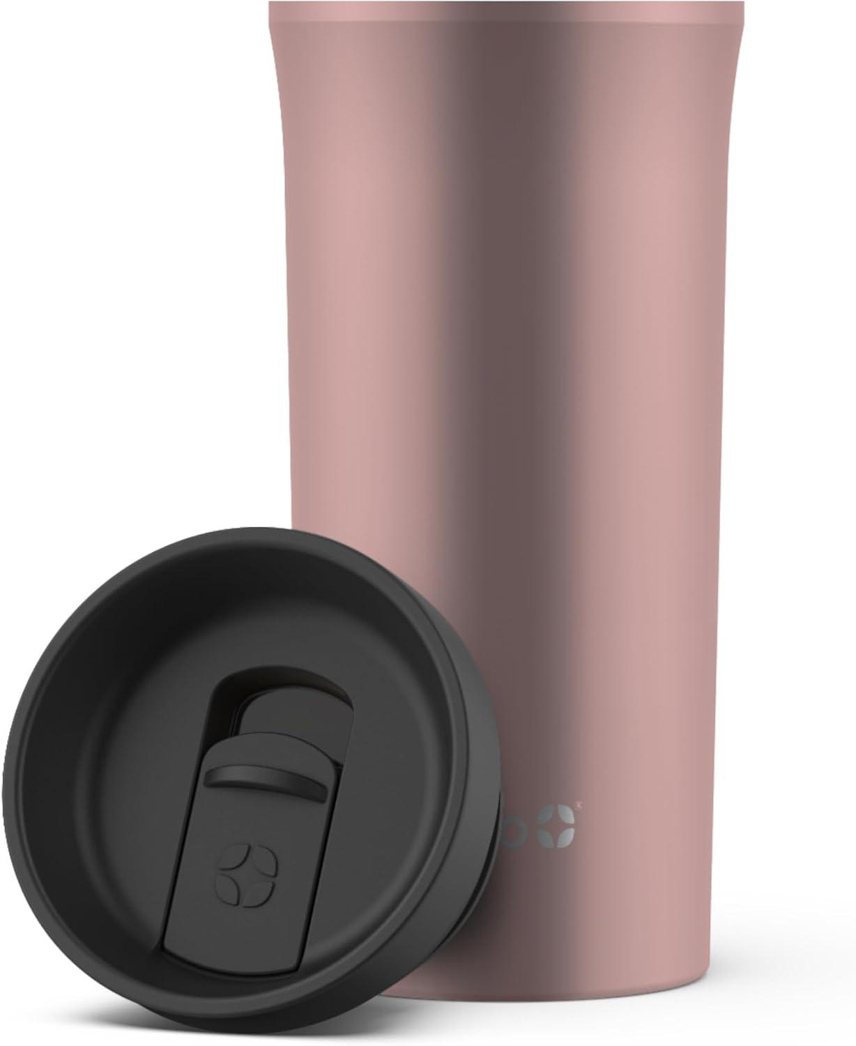 imageEllo Arabica 14oz Stainless Steel Travel Mug with LeakProof Slider Lid Keeps Hot for 5 Hours Perfect for Coffee or Tea BPAFree Tumbler Gift for Coffee Lovers BlackRosegold