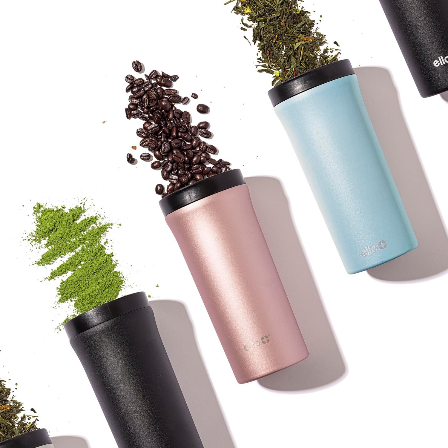 imageEllo Arabica 14oz Stainless Steel Travel Mug with LeakProof Slider Lid Keeps Hot for 5 Hours Perfect for Coffee or Tea BPAFree Tumbler Gift for Coffee Lovers BlackRosegold