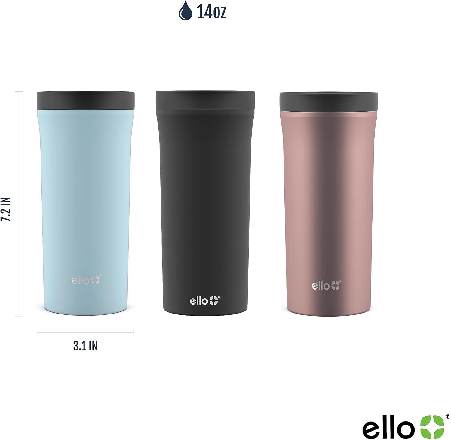 imageEllo Arabica 14oz Stainless Steel Travel Mug with LeakProof Slider Lid Keeps Hot for 5 Hours Perfect for Coffee or Tea BPAFree Tumbler Gift for Coffee Lovers BlackRosegold