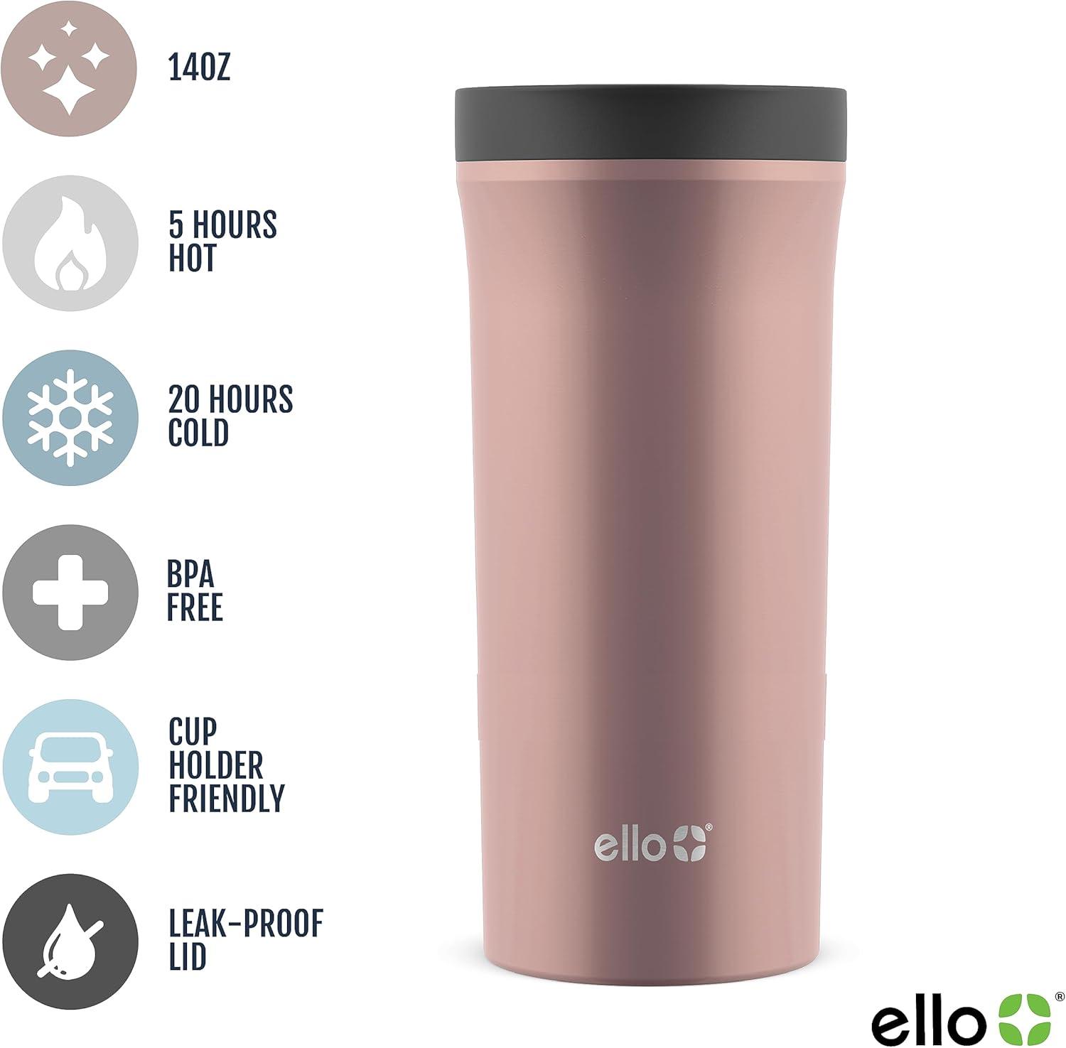 imageEllo Arabica 14oz Stainless Steel Travel Mug with LeakProof Slider Lid Keeps Hot for 5 Hours Perfect for Coffee or Tea BPAFree Tumbler Gift for Coffee Lovers BlackRosegold