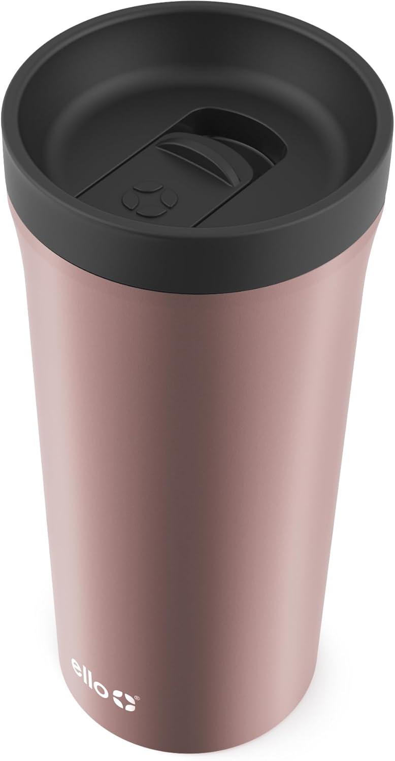 imageEllo Arabica 14oz Stainless Steel Travel Mug with LeakProof Slider Lid Keeps Hot for 5 Hours Perfect for Coffee or Tea BPAFree Tumbler Gift for Coffee Lovers BlackRosegold