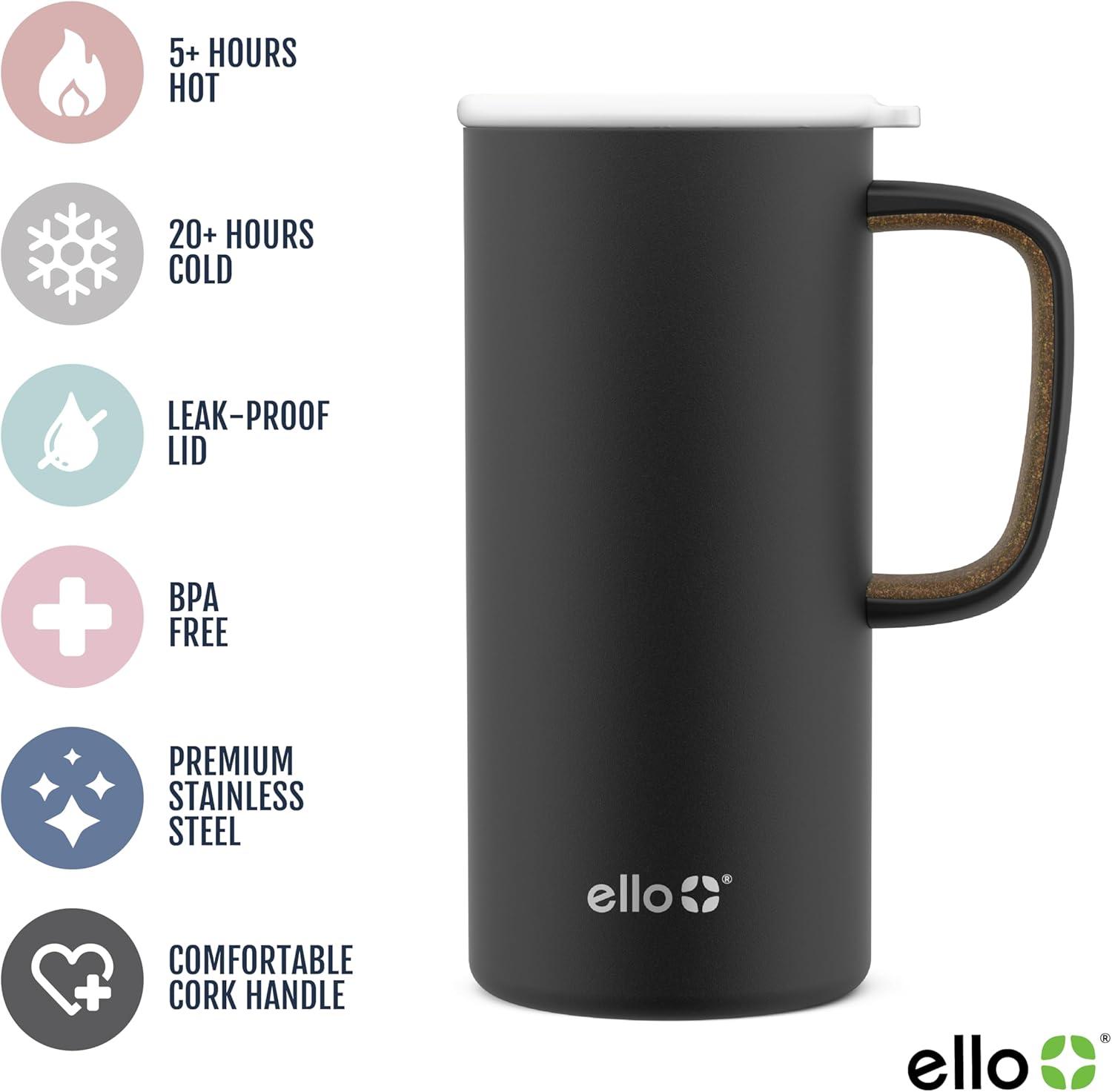imageEllo Campy 18oz Stainless Steel Travel Mug with Handle and LeakProof Slider Lid Reusable Vacuum Insulated Perfect for Coffee or Tea Home Gift Travel Office BPA Free Georgia PeachMatte Black 1