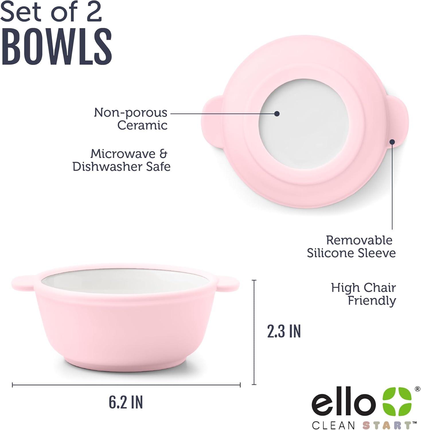 imageEllo Clean Start Toddler Bowls 2 Pack Ceramic KidsBaby Bowls with Silicone Sleeves BPAFree PlasticFree Microwave amp Dishwasher Safe High Chair Friendly Stackable Quiet TideTech BlueCashmere PinkDune