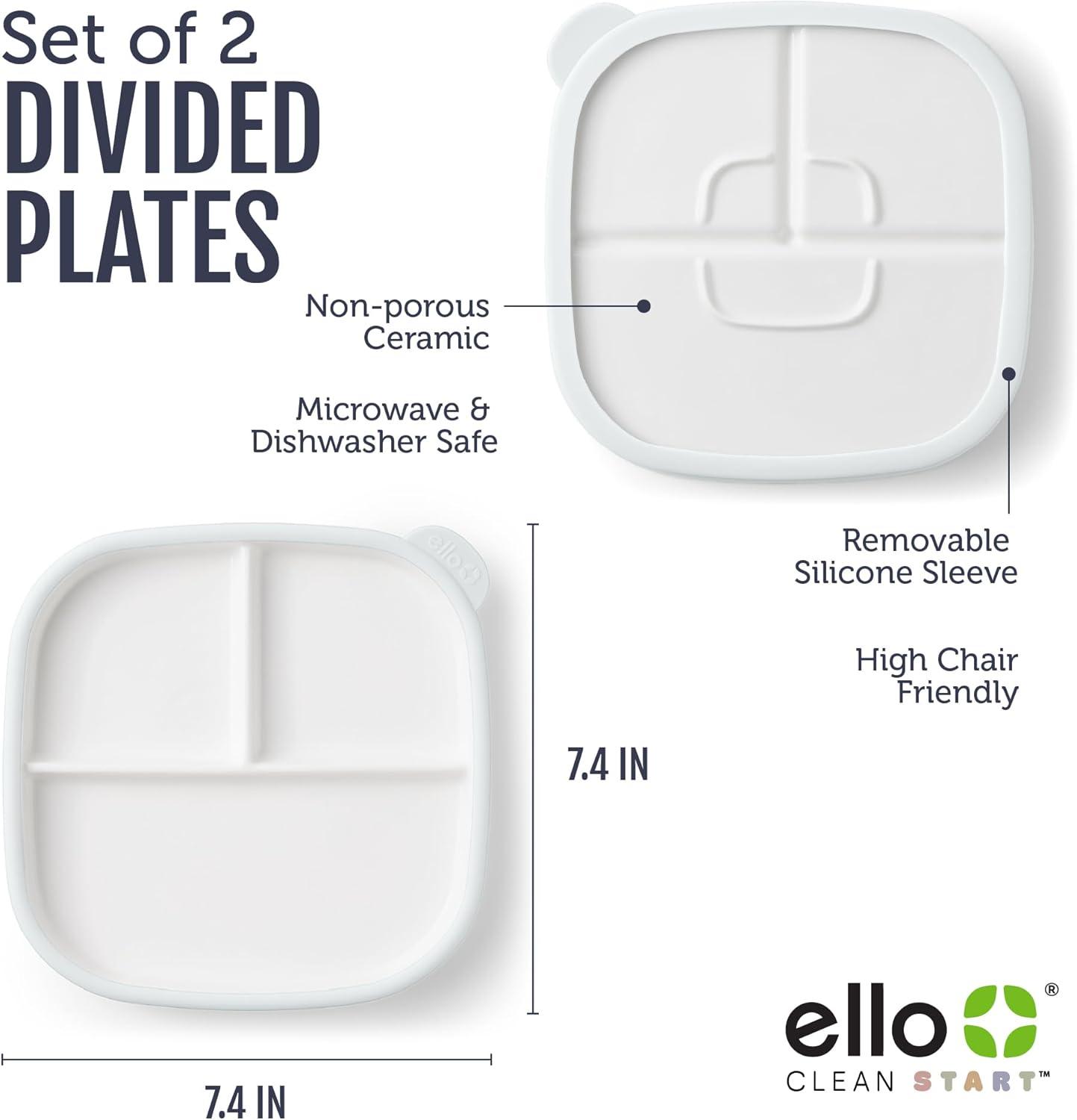 imageEllo Clean Start Toddler Breakfast Plate 2 Pack BPAFree Ceramic Plates with Divider amp Silicone Sleeve for BabiesToddlers Microwave amp Dishwasher Safe High Chair Friendly DewdropSugarplumQuiet TideTech Blue