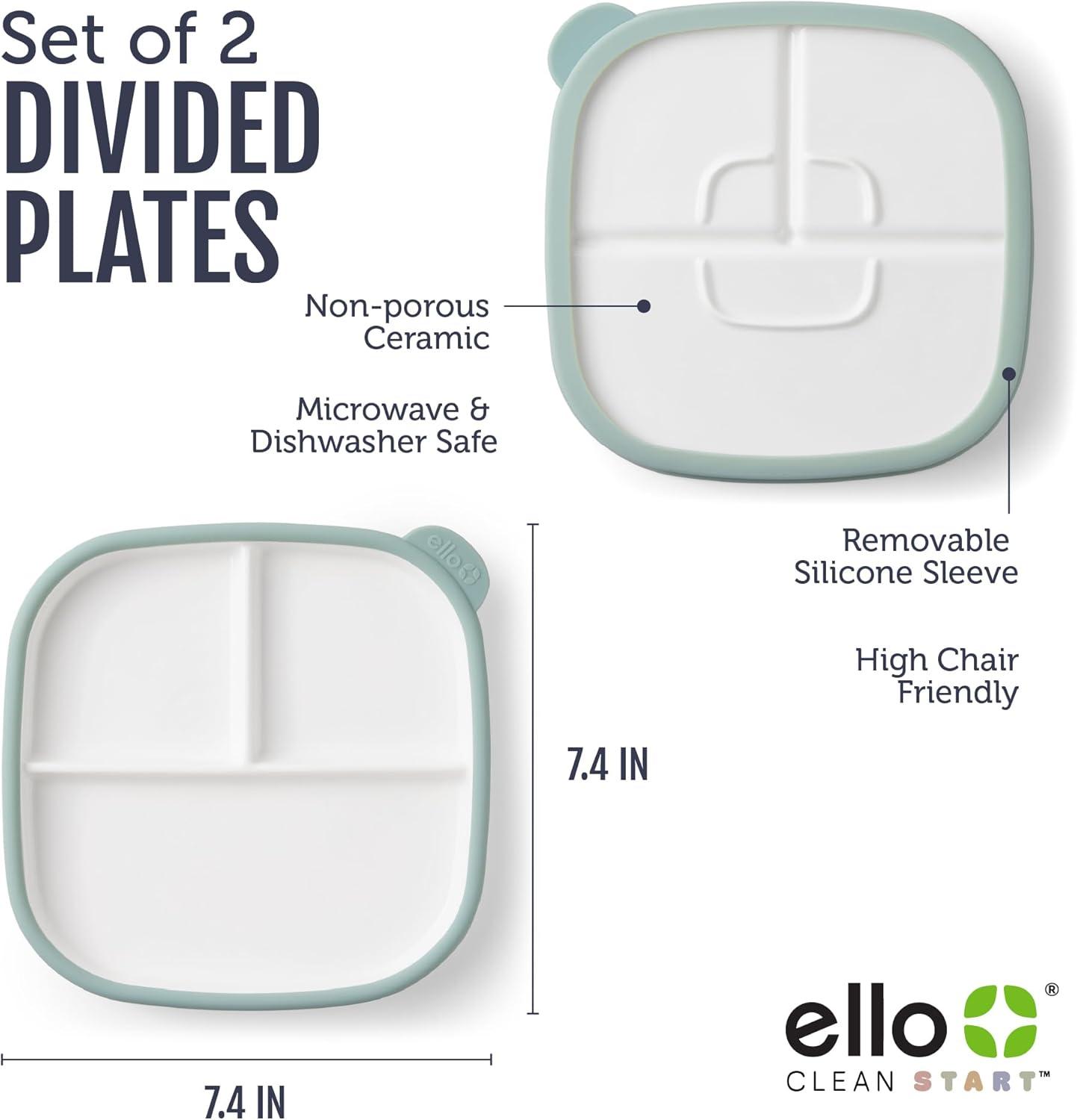 imageEllo Clean Start Toddler Breakfast Plate 2 Pack BPAFree Ceramic Plates with Divider amp Silicone Sleeve for BabiesToddlers Microwave amp Dishwasher Safe High Chair Friendly DewdropSugarplumDewdropGrayed Jade