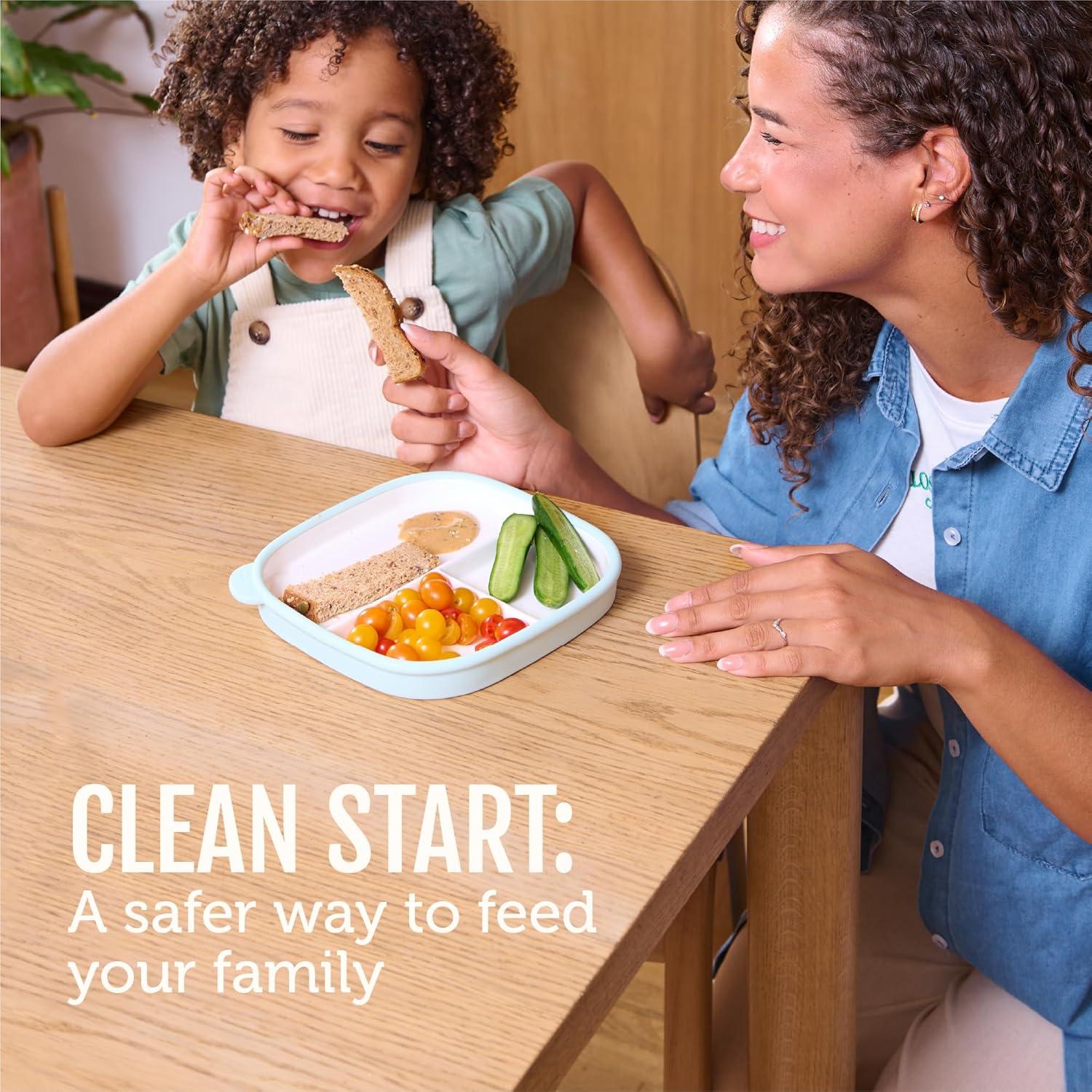 imageEllo Clean Start Toddler Breakfast Plate 2 Pack BPAFree Ceramic Plates with Divider amp Silicone Sleeve for BabiesToddlers Microwave amp Dishwasher Safe High Chair Friendly DewdropSugarplumQuiet TideTech Blue
