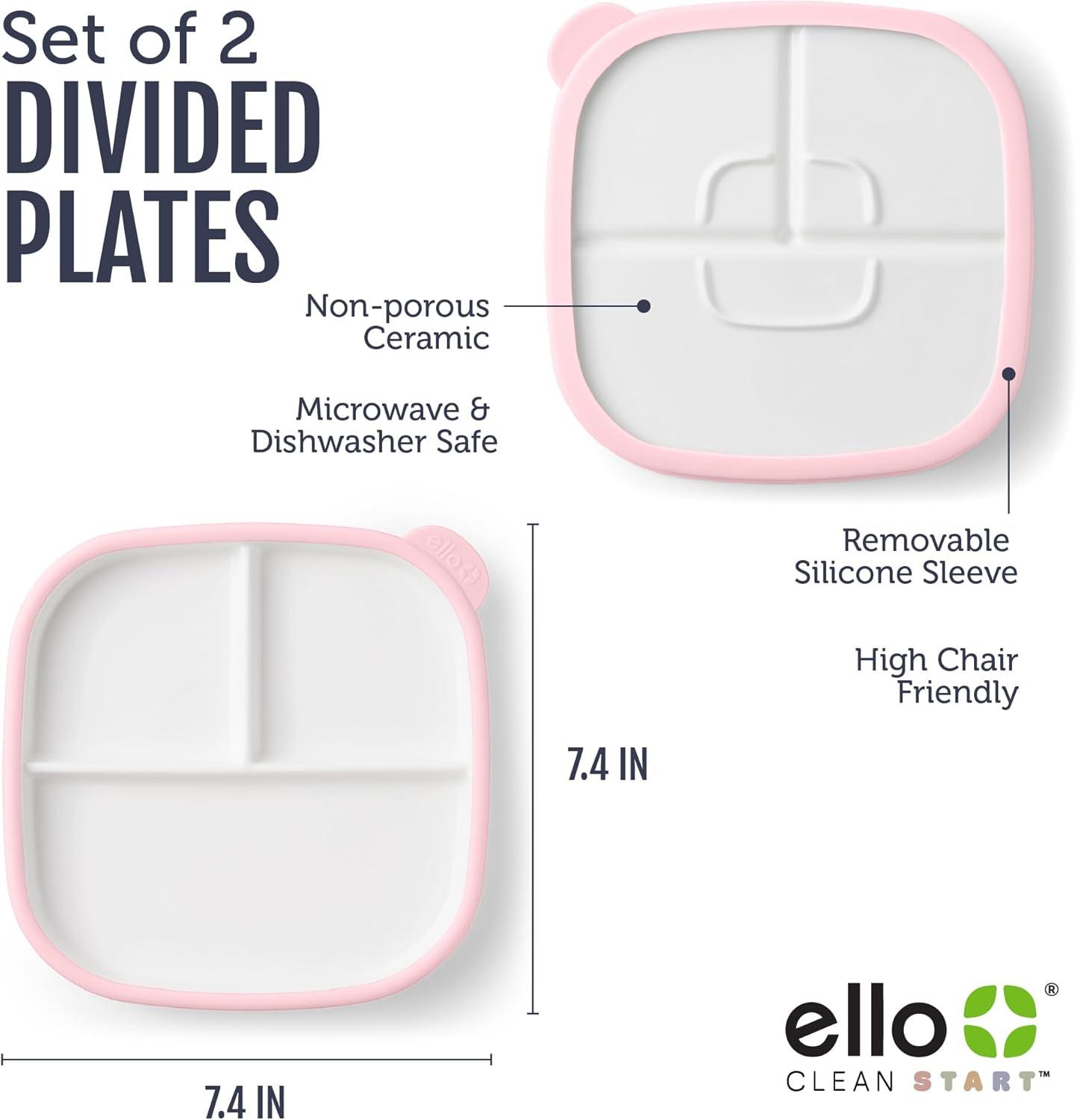 imageEllo Clean Start Toddler Breakfast Plate 2 Pack BPAFree Ceramic Plates with Divider amp Silicone Sleeve for BabiesToddlers Microwave amp Dishwasher Safe High Chair Friendly DewdropSugarplumCashmere PinkDune