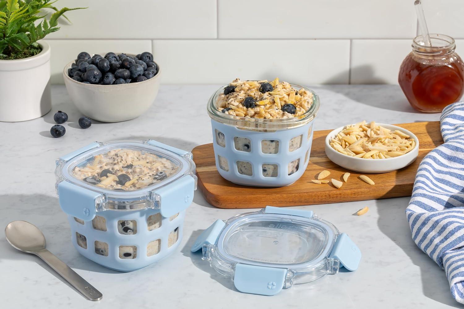 imageEllo Duraglass 4Pack 2 Cup Reusable Glass Container Jar with Leak Proof Lids and Protective Silicone Sleeves Perfect for Overnight Oats Yogurt BPAFree Dishwasher Safe Evening OrchardHalogen Blue