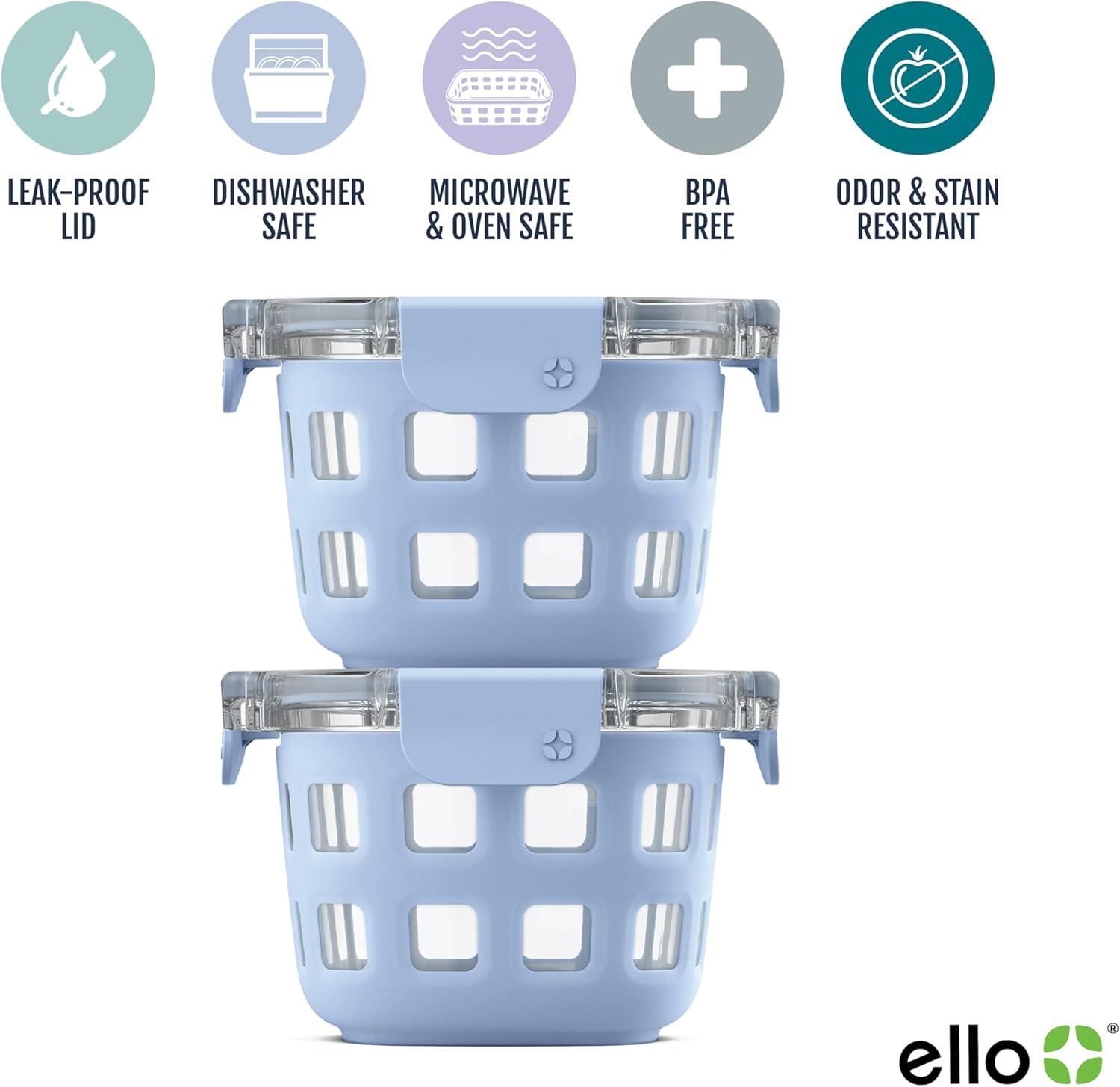 imageEllo Duraglass 4Pack 2 Cup Reusable Glass Container Jar with Leak Proof Lids and Protective Silicone Sleeves Perfect for Overnight Oats Yogurt BPAFree Dishwasher Safe Evening OrchardHalogen Blue