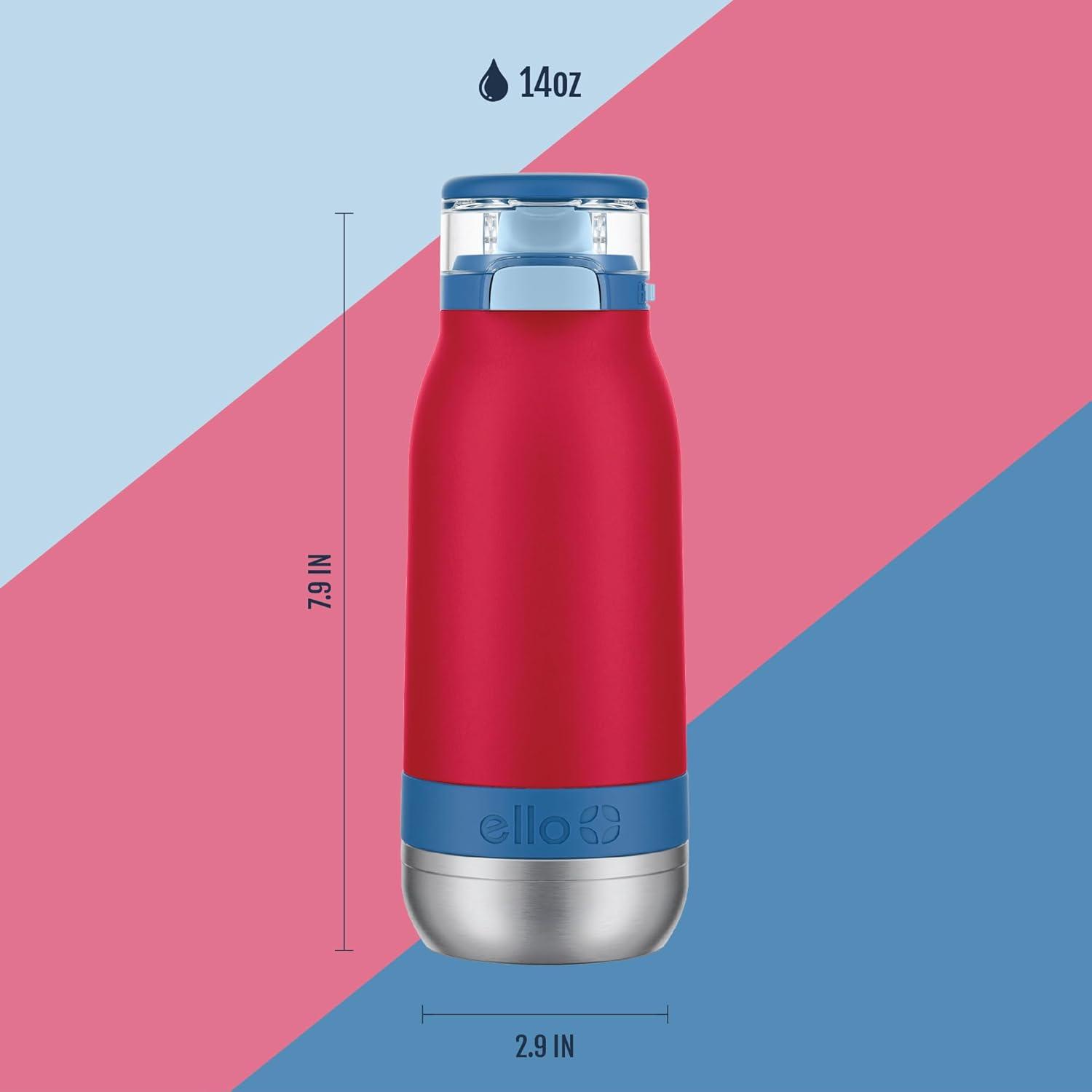 imageEllo Emma 14oz Vacuum Insulated Stainless Steel Kids Water Bottle with Straw and Builtin Carrying Handle and LeakProof Locking Lid for School Backpack Lunchbox and Outdoor SportsRed Splash
