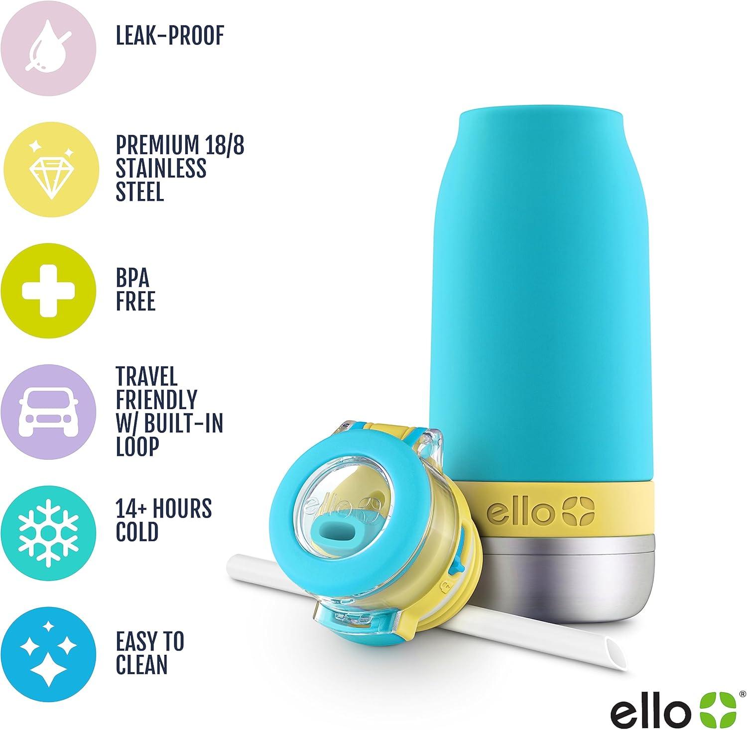imageEllo Emma 14oz Vacuum Insulated Stainless Steel Kids Water Bottle with Straw and Builtin Carrying Handle and LeakProof Locking Lid for School Backpack Lunchbox and Outdoor SportsSky