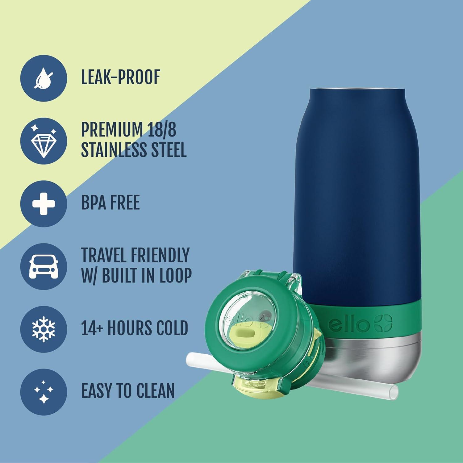 imageEllo Emma 14oz Vacuum Insulated Stainless Steel Kids Water Bottle with Straw and Builtin Carrying Handle and LeakProof Locking Lid for School Backpack Lunchbox and Outdoor SportsTidal Wave