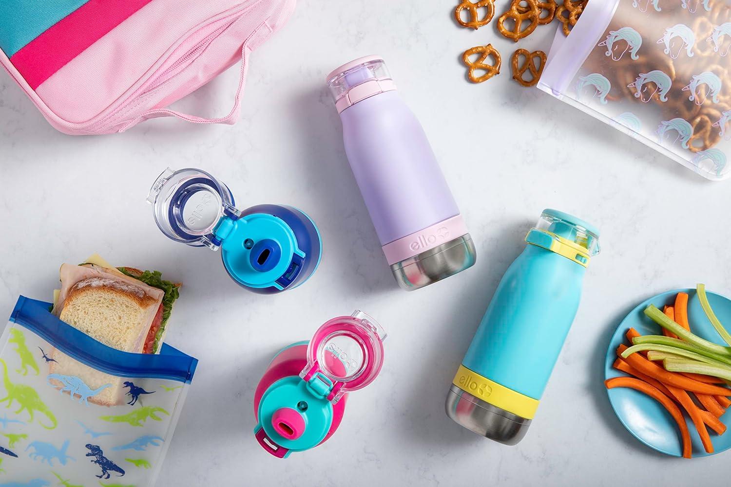 imageEllo Emma 14oz Vacuum Insulated Stainless Steel Kids Water Bottle with Straw and Builtin Carrying Handle and LeakProof Locking Lid for School Backpack Lunchbox and Outdoor SportsSky
