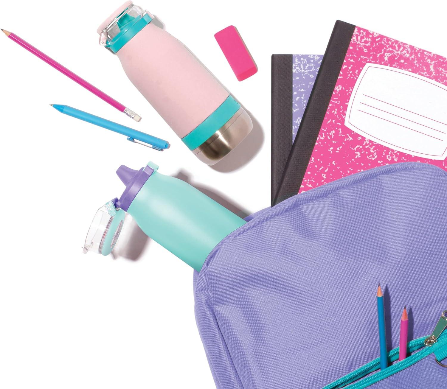imageEllo Emma 14oz Vacuum Insulated Stainless Steel Kids Water Bottle with Straw and Builtin Carrying Handle and LeakProof Locking Lid for School Backpack Lunchbox and Outdoor SportsLilacCashmere Pink