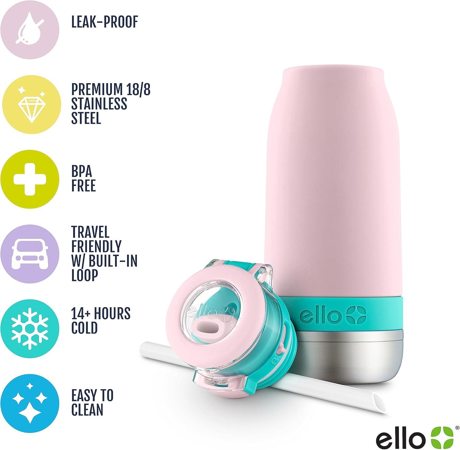 imageEllo Emma 14oz Vacuum Insulated Stainless Steel Kids Water Bottle with Straw and Builtin Carrying Handle and LeakProof Locking Lid for School Backpack Lunchbox and Outdoor SportsCotton Candy