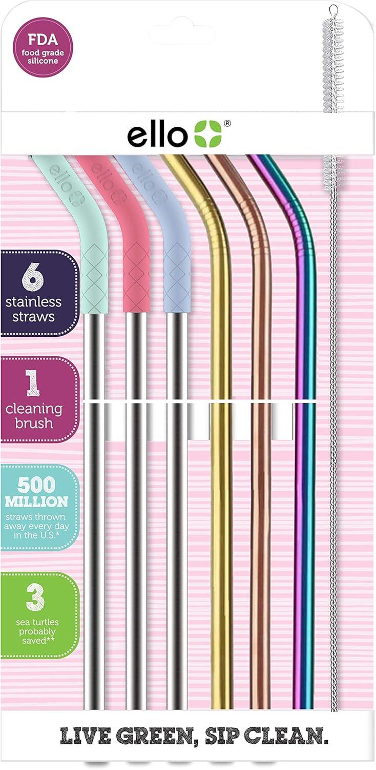 imageEllo Impact 6 Pack Reusable Metal Straws with Silicone Tips Made from Stainless Steel Dishwasher Safe BPAFreewith Cleaning Brush Summer Glow6 Piece Glow