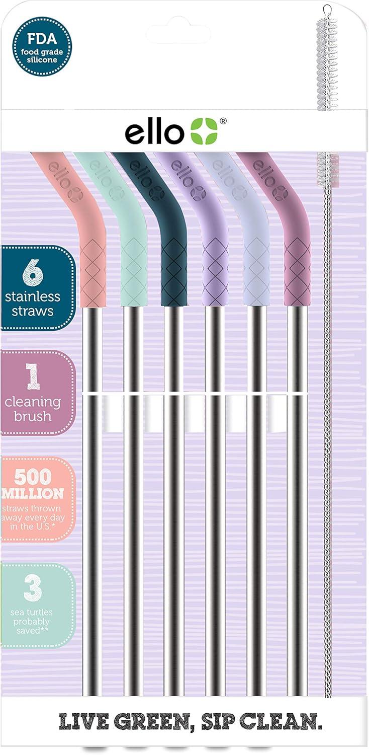 imageEllo Impact 6 Pack Reusable Metal Straws with Silicone Tips Made from Stainless Steel Dishwasher Safe BPAFreewith Cleaning Brush Summer Glow6 Piece Pop