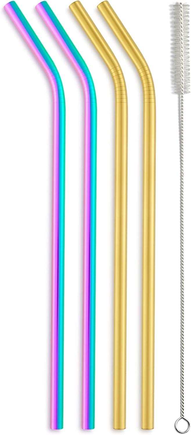 imageEllo Impact Stainless Steel Reusable Straws with Cleaning Brush 4 Piece Rainbow