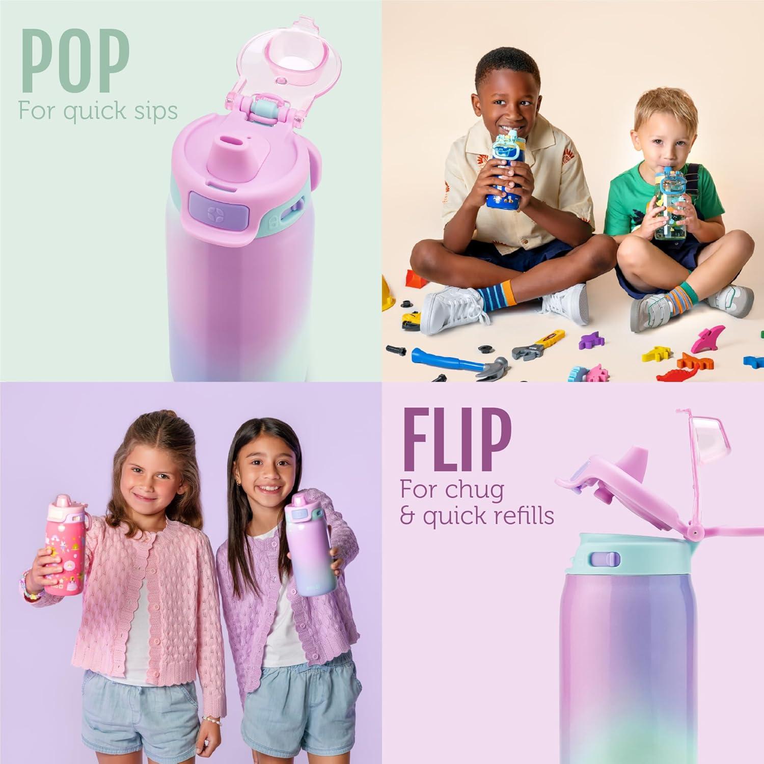 imageEllo Kids Pop amp Fill 12oz Toddler Water Bottle with Quick Fill Lid DoubleWall Vacuum Insulated Stainless Steel Leak Proof BPA Free Sip amp Chug For School Lunchboxes To the RescueTo the Rescue