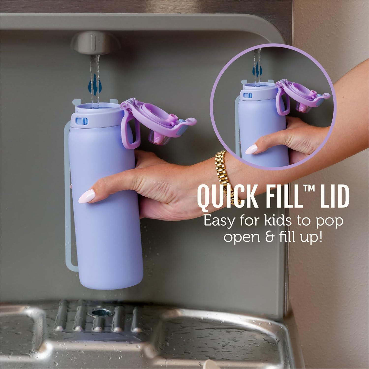 imageEllo Kids Pop amp Fill 18oz Stainless Steel Water Bottle with Quick Fill Technology DoubleWall Vacuum Insulation Leak Proof Locking Lid Sip amp Chug BPA Free Gifts for Girls Boys Purple HolographicCheetah