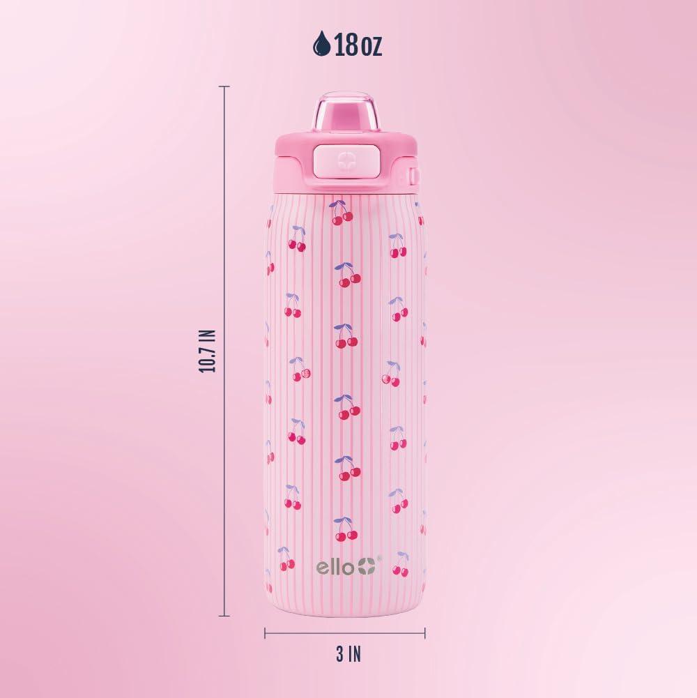 imageEllo Kids Pop amp Fill 18oz Stainless Steel Water Bottle with Quick Fill Technology DoubleWall Vacuum Insulation Leak Proof Locking Lid Sip amp Chug BPA Free Gifts for Girls Boys Purple HolographicPreppy Cherries