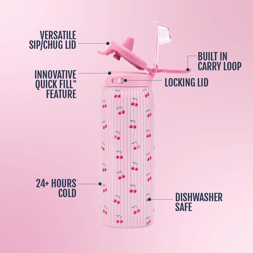 imageEllo Kids Pop amp Fill 18oz Stainless Steel Water Bottle with Quick Fill Technology DoubleWall Vacuum Insulation Leak Proof Locking Lid Sip amp Chug BPA Free Gifts for Girls Boys Purple HolographicPreppy Cherries