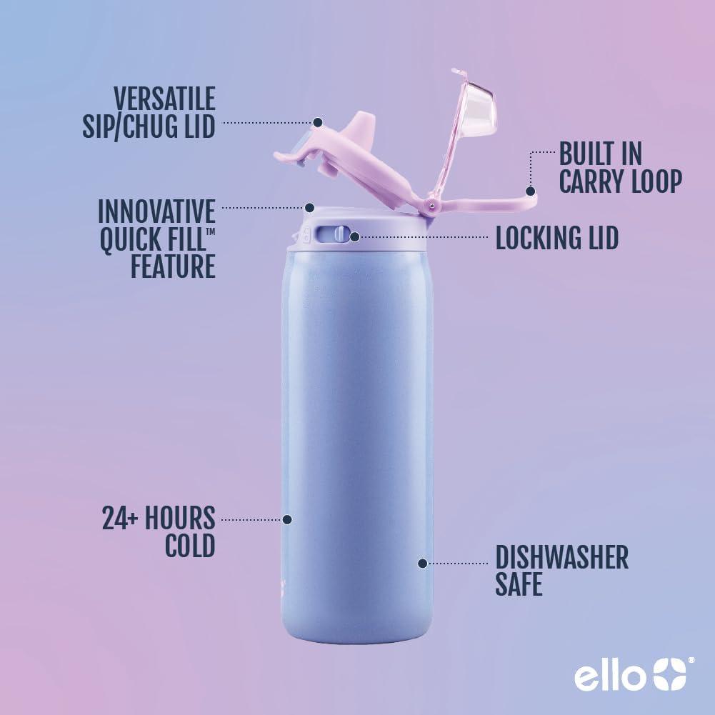 imageEllo Kids Pop amp Fill 18oz Stainless Steel Water Bottle with Quick Fill Technology DoubleWall Vacuum Insulation Leak Proof Locking Lid Sip amp Chug BPA Free Gifts for Girls Boys Purple HolographicShiny Purple