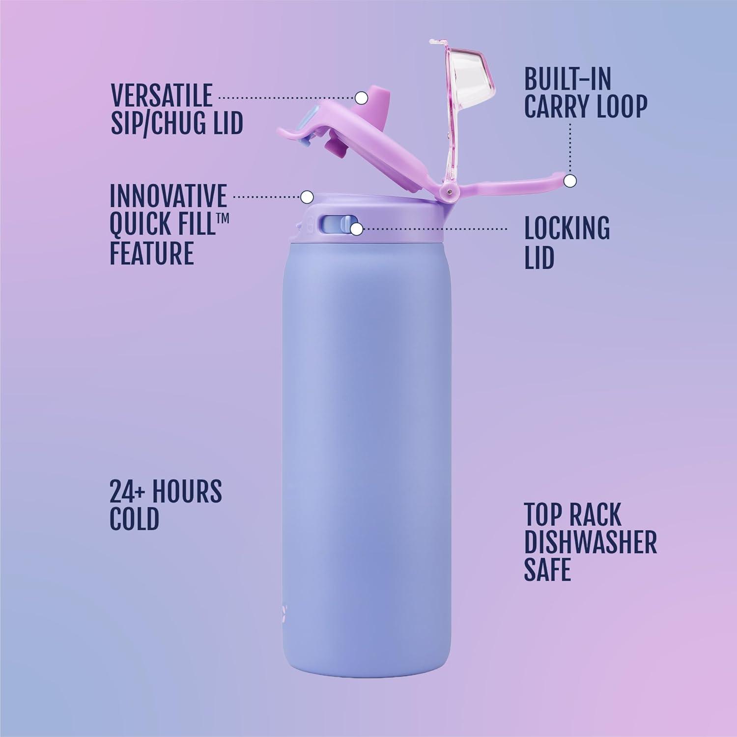 imageEllo Kids Pop amp Fill 18oz Stainless Steel Water Bottle with Quick Fill Technology DoubleWall Vacuum Insulation Leak Proof Locking Lid Sip amp Chug BPA Free Gifts for Girls Boys Purple HolographicLavender Fields