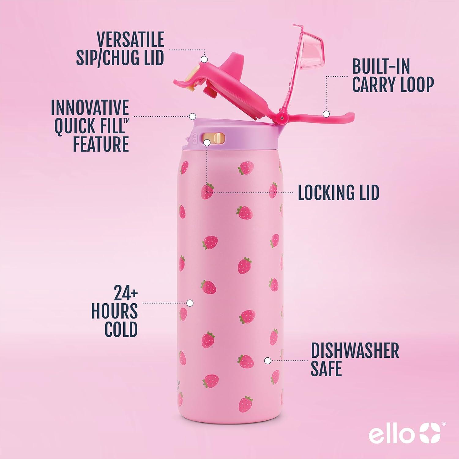 imageEllo Kids Pop amp Fill 18oz Stainless Steel Water Bottle with Quick Fill Technology DoubleWall Vacuum Insulation Leak Proof Locking Lid Sip amp Chug BPA Free Gifts for Girls Boys Purple HolographicStrawberries