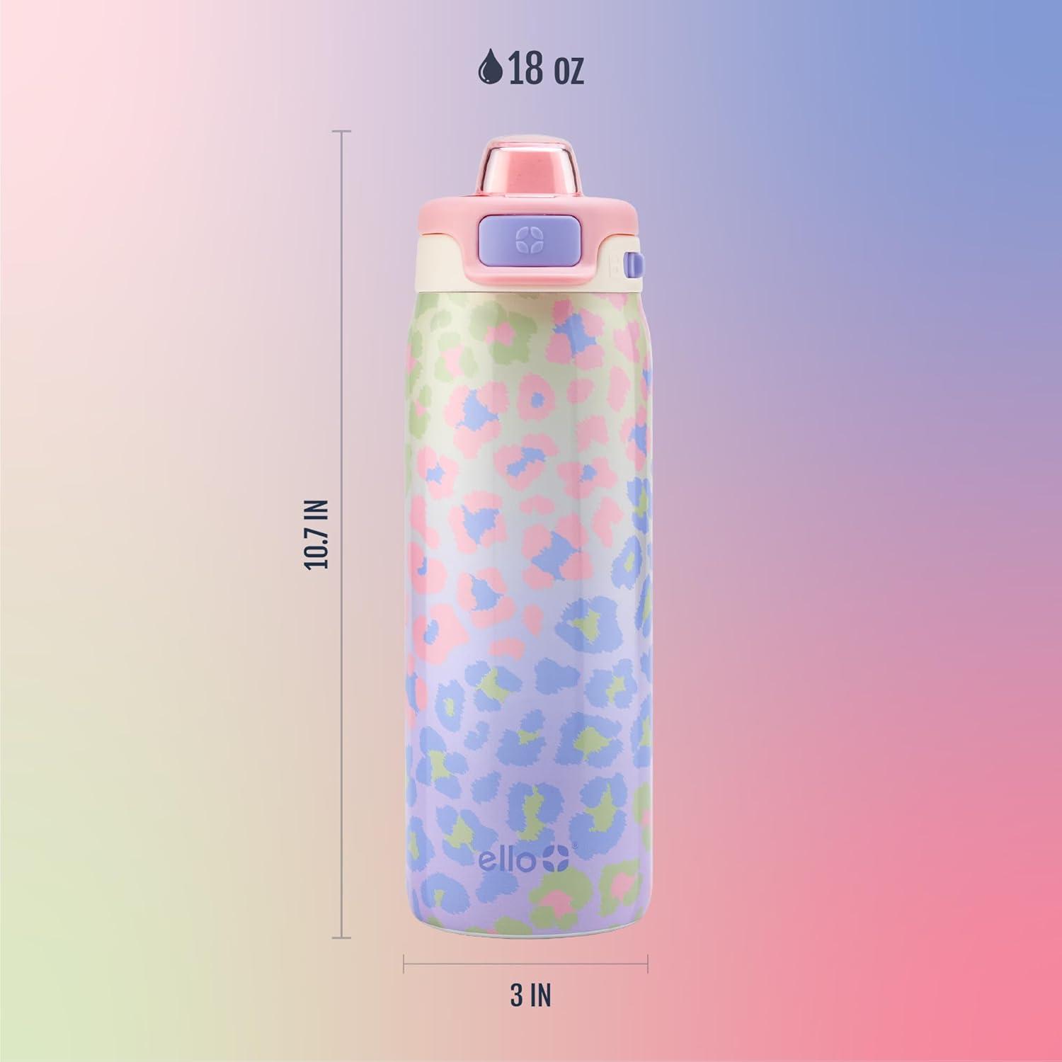imageEllo Kids Pop amp Fill 18oz Stainless Steel Water Bottle with Quick Fill Technology DoubleWall Vacuum Insulation Leak Proof Locking Lid Sip amp Chug BPA Free Gifts for Girls Boys Purple HolographicCheetah