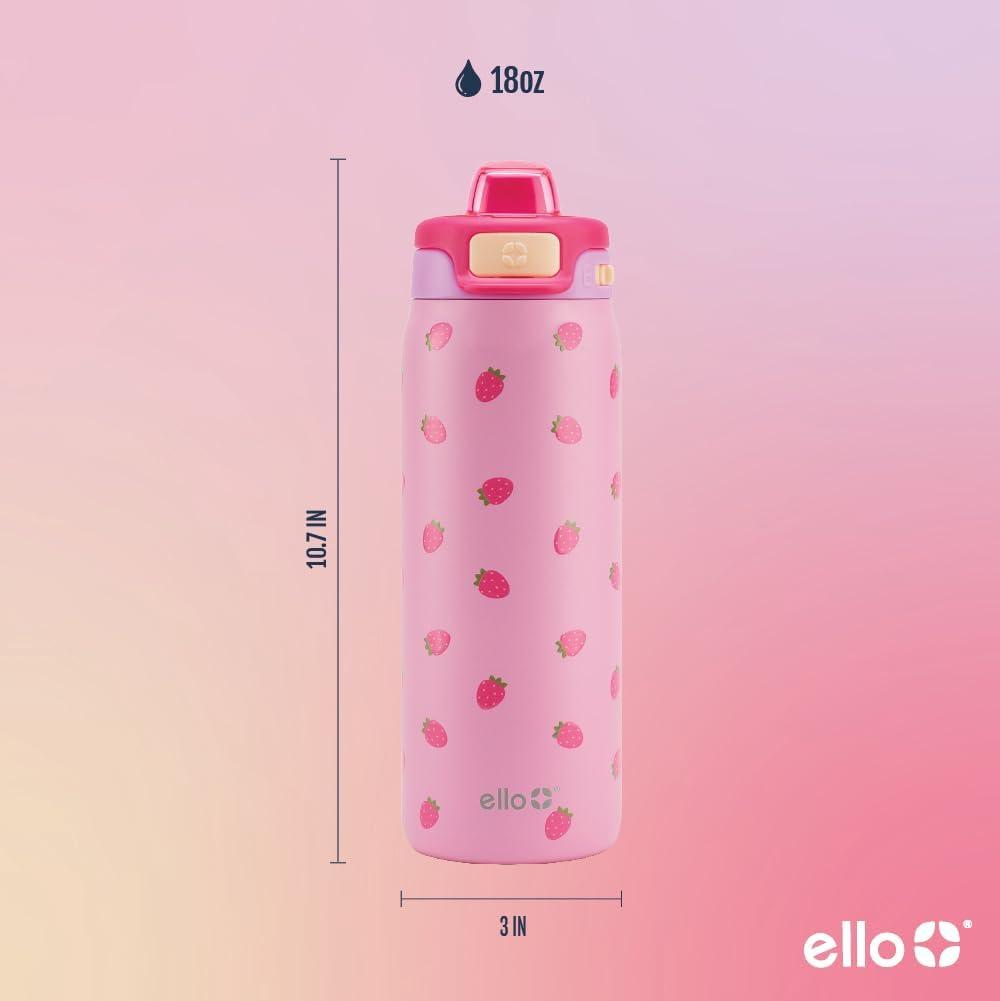 imageEllo Kids Pop amp Fill 18oz Stainless Steel Water Bottle with Quick Fill Technology DoubleWall Vacuum Insulation Leak Proof Locking Lid Sip amp Chug BPA Free Gifts for Girls Boys Purple HolographicStrawberries