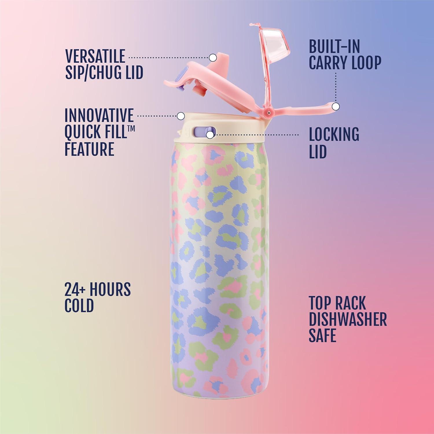 imageEllo Kids Pop amp Fill 18oz Stainless Steel Water Bottle with Quick Fill Technology DoubleWall Vacuum Insulation Leak Proof Locking Lid Sip amp Chug BPA Free Gifts for Girls Boys Purple HolographicCheetah