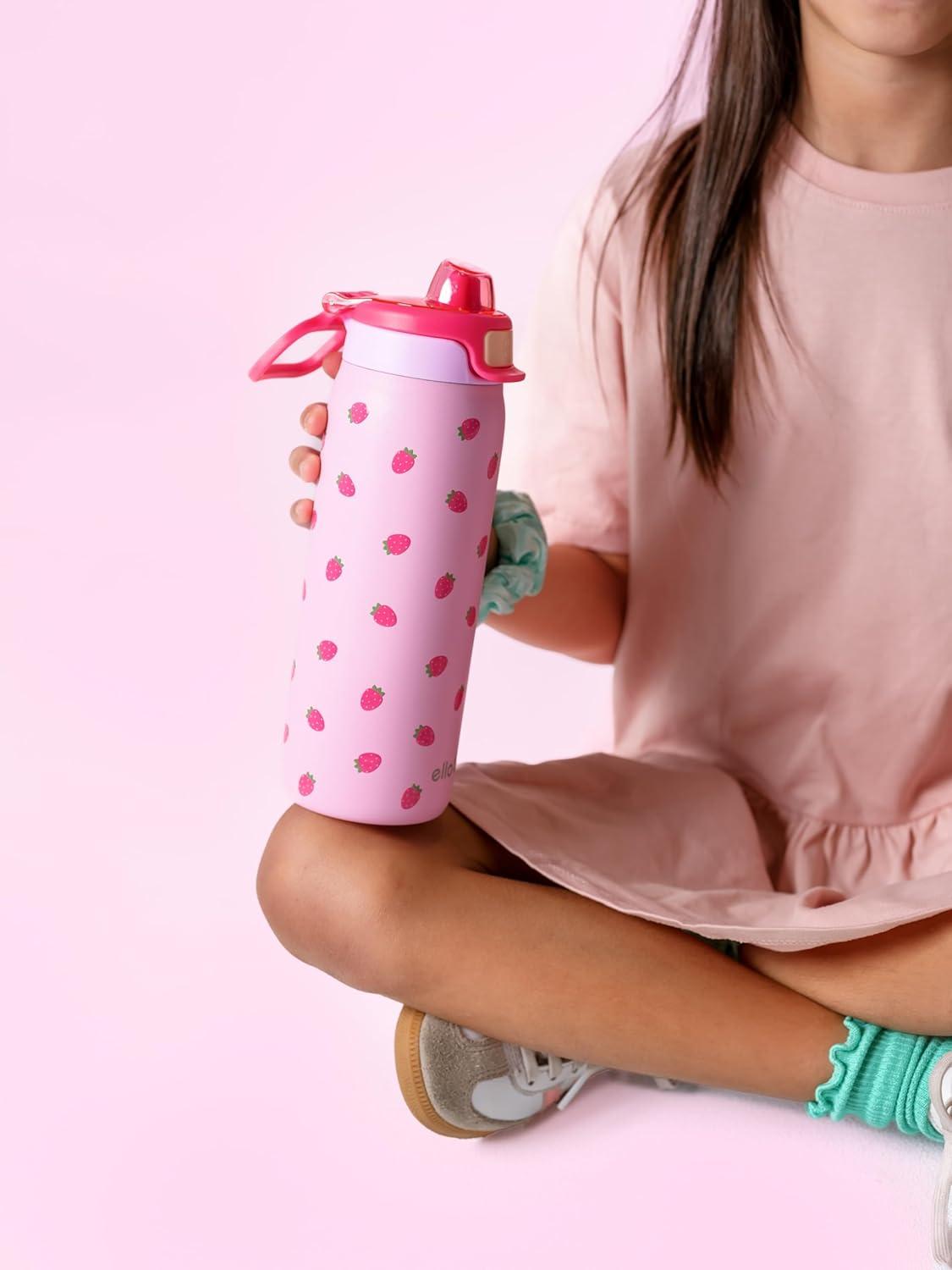 imageEllo Kids Pop amp Fill 18oz Stainless Steel Water Bottle with Quick Fill Technology DoubleWall Vacuum Insulation Leak Proof Locking Lid Sip amp Chug BPA Free Gifts for Girls Boys Purple HolographicStrawberries