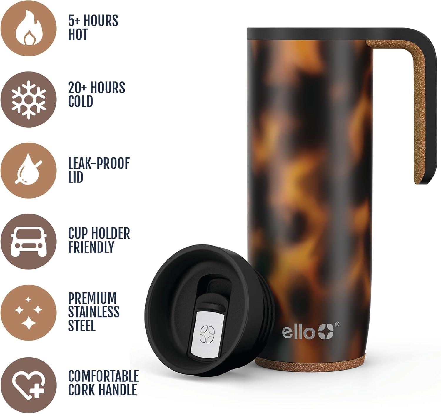 imageEllo Magnet 18oz Vacuum Insulated Stainless Steel Travel Mug with Side Handle and LeakProof Slider Lid and Builtin Coaster Keeps Hot for 5 HoursTortoise Shell Airwap