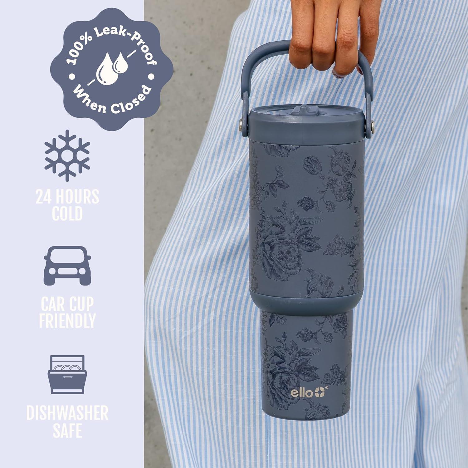 imageEllo Oasis Go 26oz Tumbler with Top Handle and Retracting Straw Reusable Insulated Stainless Steel Cup 100 Leakproof Water Bottle 24 Hours Cold Cup Holder Friendly For Travel DaisiesPorcelain Rose Navy