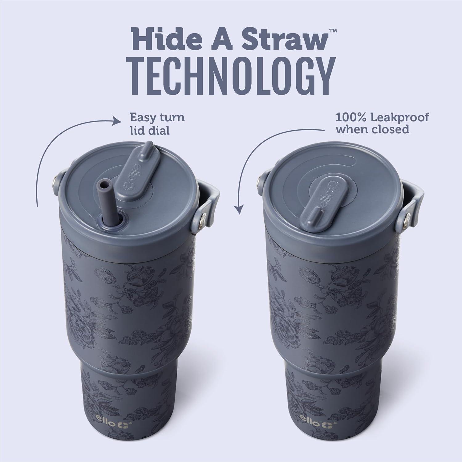 imageEllo Oasis Go 32oz Tumbler with Top Handle and Retracting Straw Reusable Insulated Stainless Steel Cup 100 Leakproof Water Bottle 24 Hours Cold Cup Holder Friendly For Travel MineralPorcelain Rose Navy