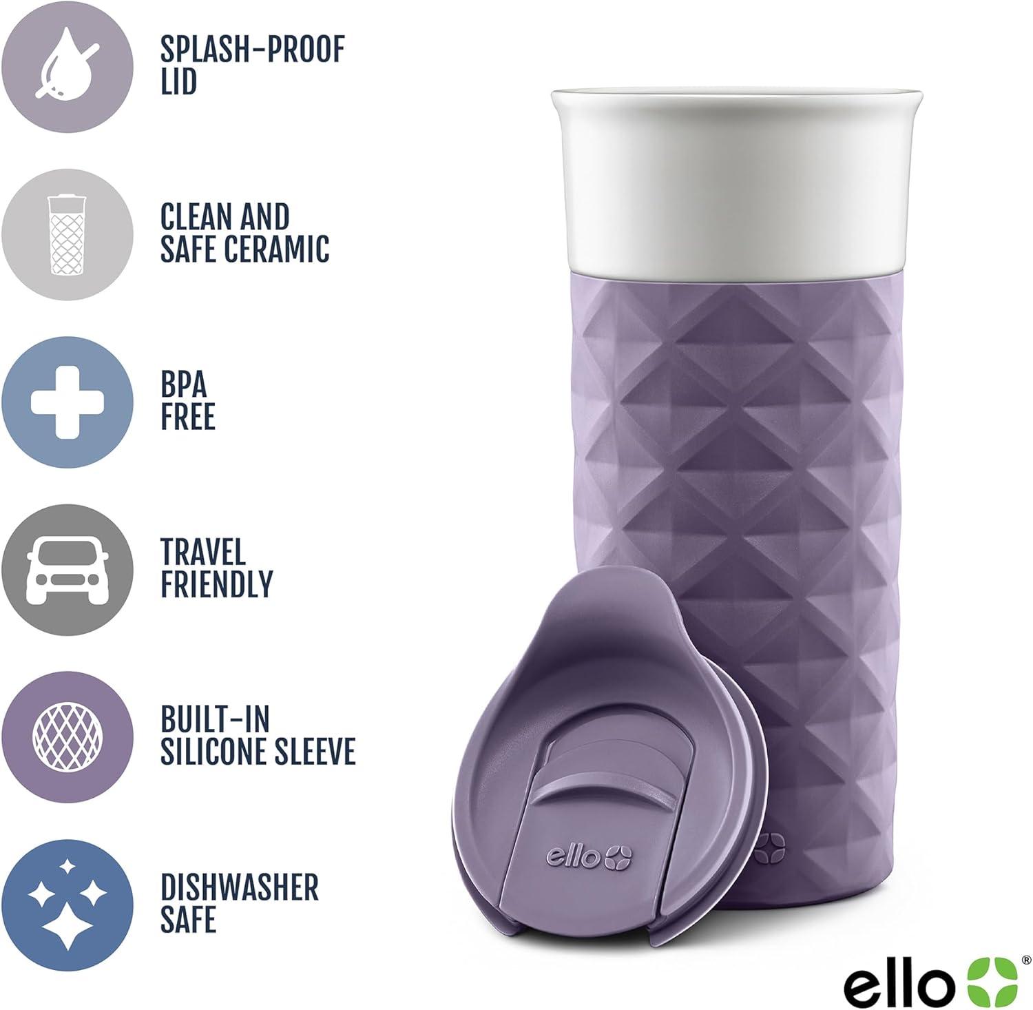 imageEllo Ogden 16oz Ceramic Travel Mug with SplashResistant Slider Lid and Protective Silicone Sleeve Perfect for Coffee or Tea BPAFree Dishwasher Safe TealDeep Purple