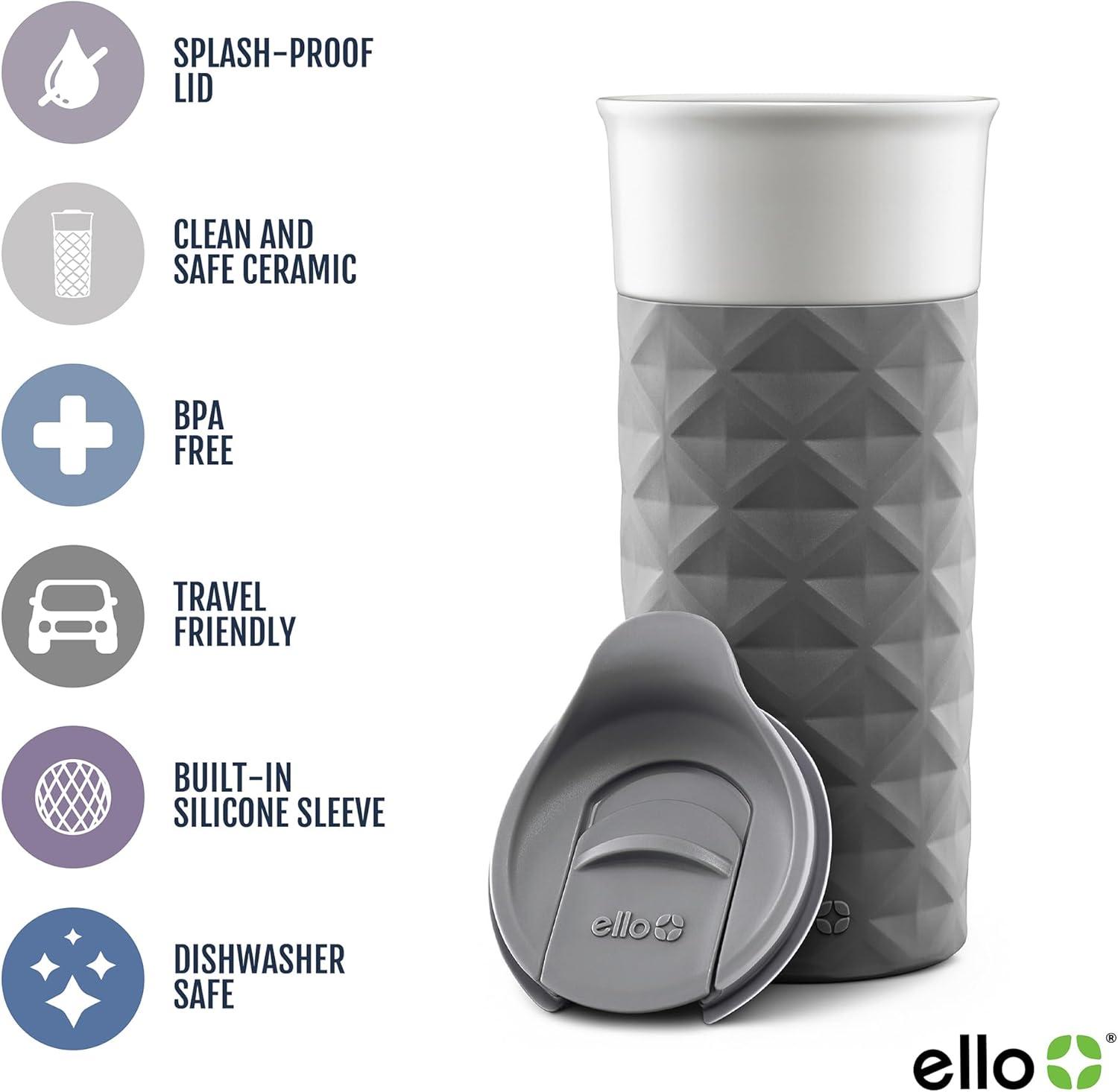 imageEllo Ogden 16oz Ceramic Travel Mug with SplashResistant Slider Lid and Protective Silicone Sleeve Perfect for Coffee or Tea BPAFree Dishwasher Safe TealGray