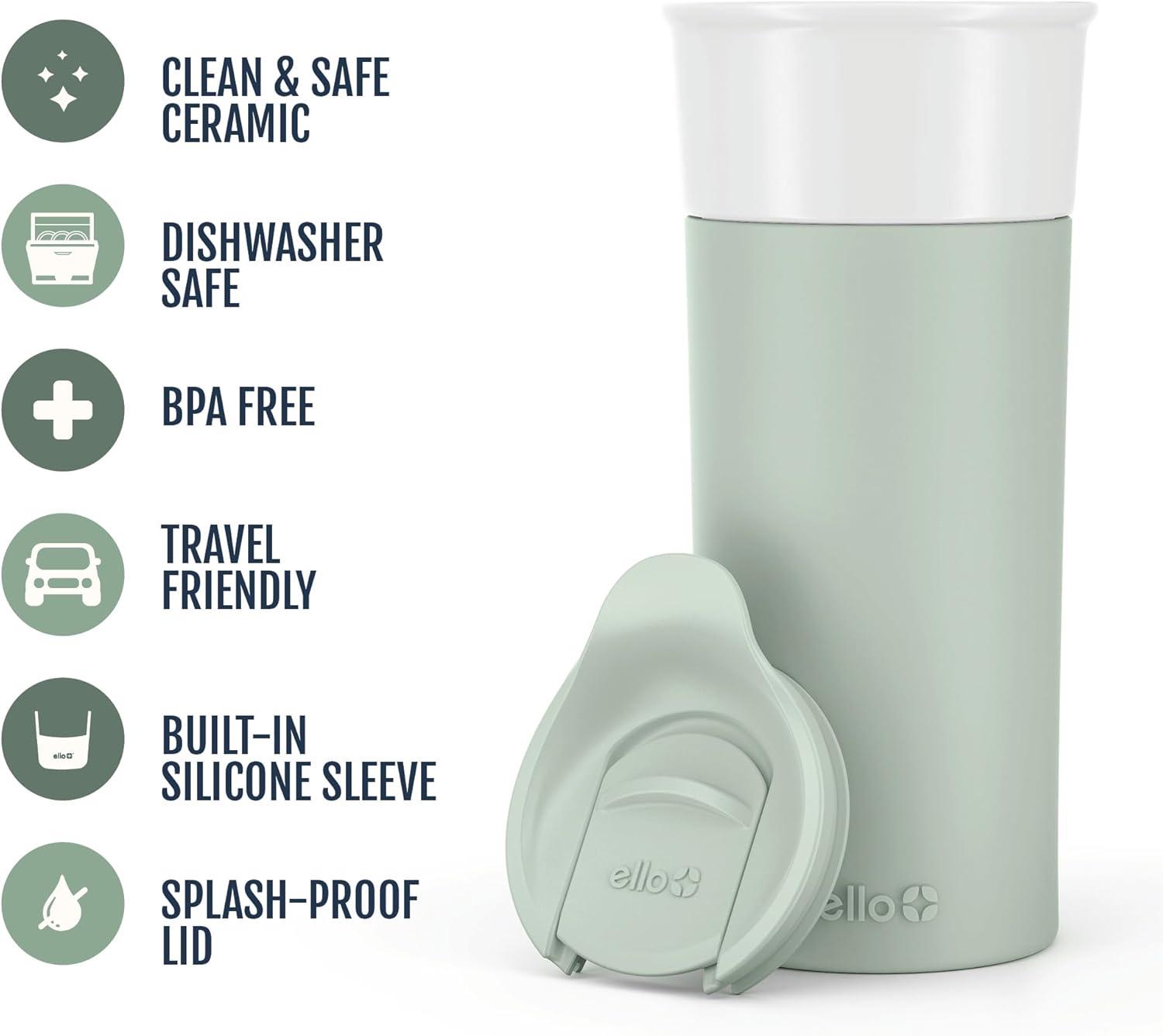 imageEllo Ogden 16oz Ceramic Travel Mug with SplashResistant Slider Lid and Protective Silicone Sleeve Perfect for Coffee or Tea BPAFree Dishwasher Safe TealHoneydew
