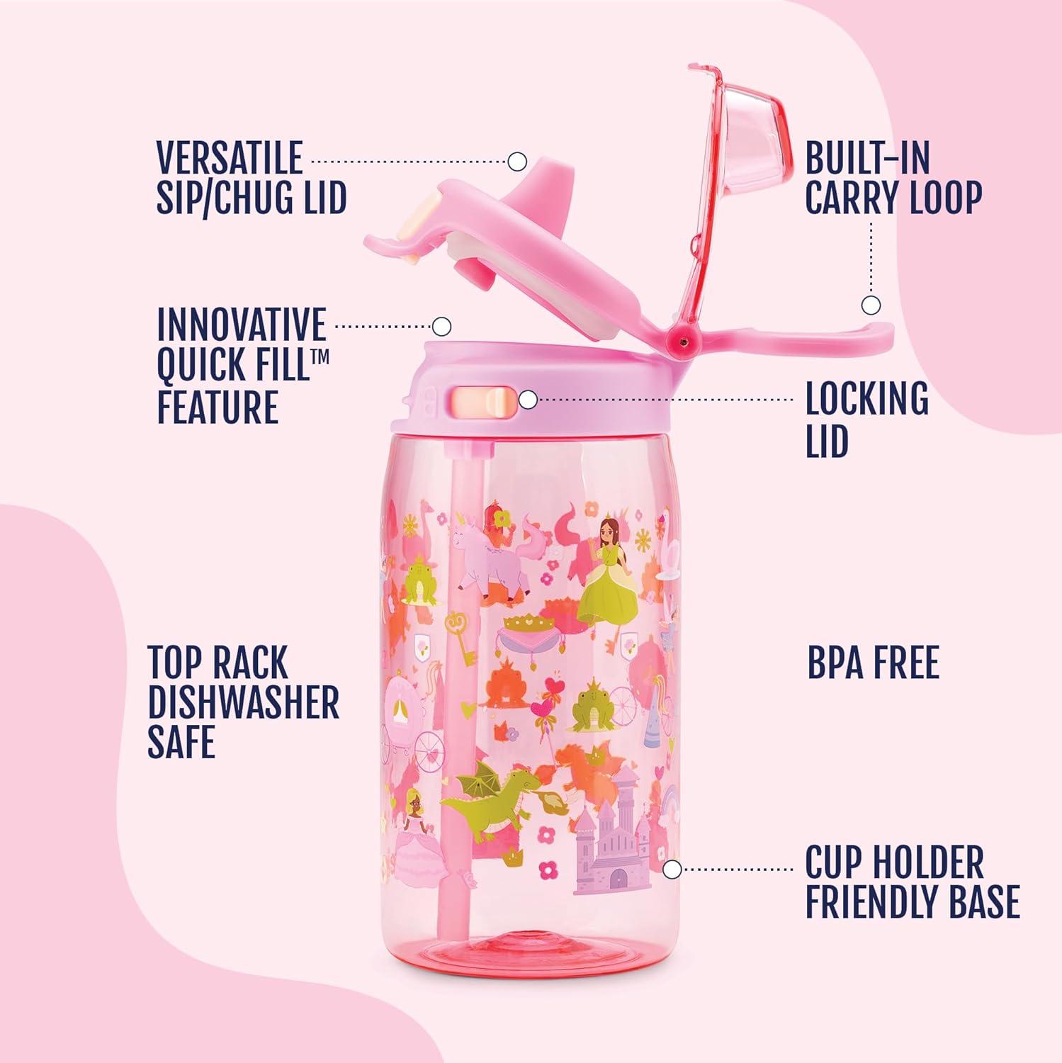 imageEllo Pop amp Fill 16oz Tritan Plastic Kids Water Bottle with Quick Fill Lid BPA Free Reusable Bottle with Leak Proof Straw and Chug Lid Dishwasher Safe Gift For Kids DinoRoyal Palace