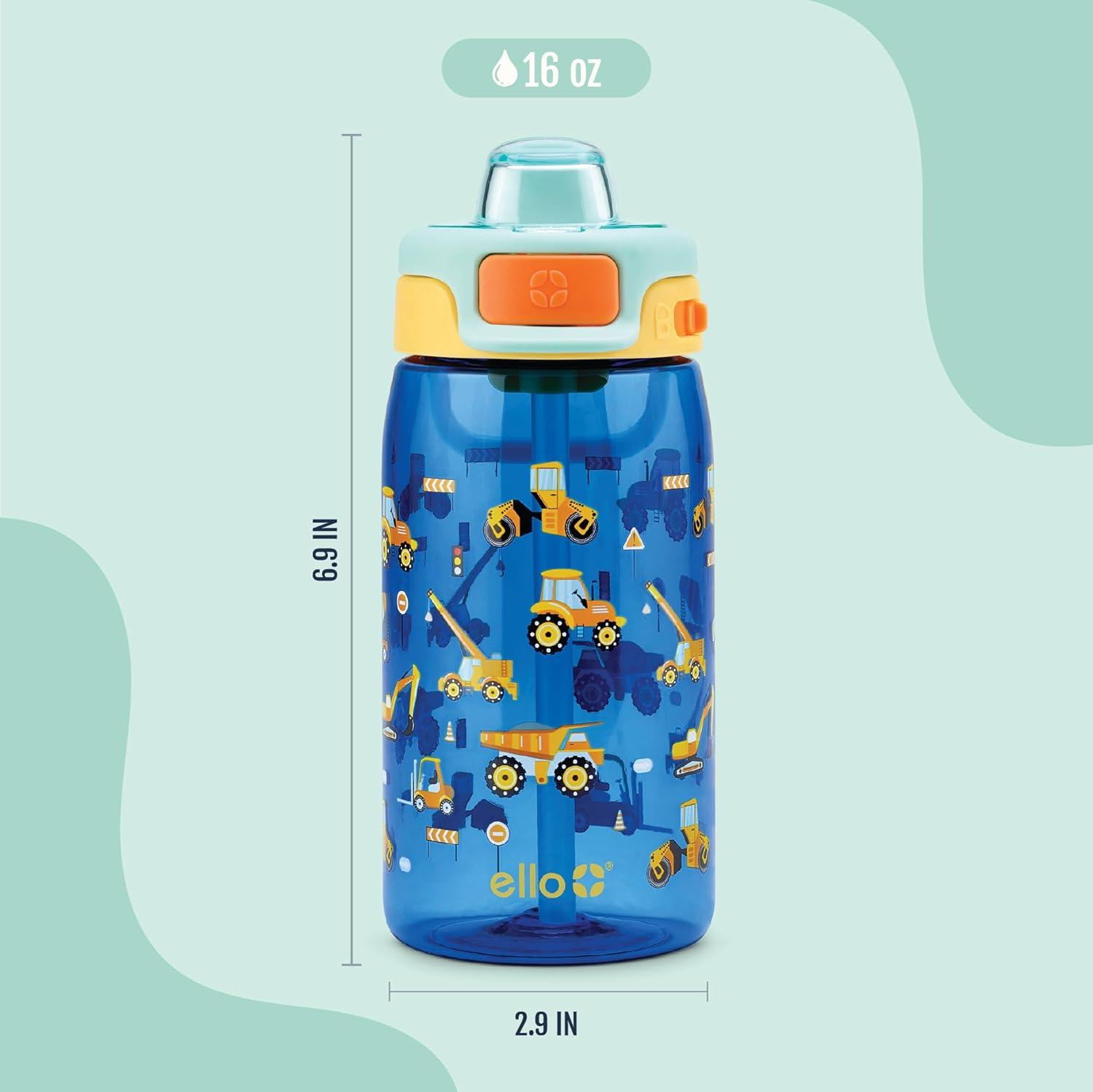 imageEllo Pop amp Fill 16oz Tritan Plastic Kids Water Bottle with Quick Fill Lid BPA Free Reusable Bottle with Leak Proof Straw and Chug Lid Dishwasher Safe Gift For Kids DinoConstruction