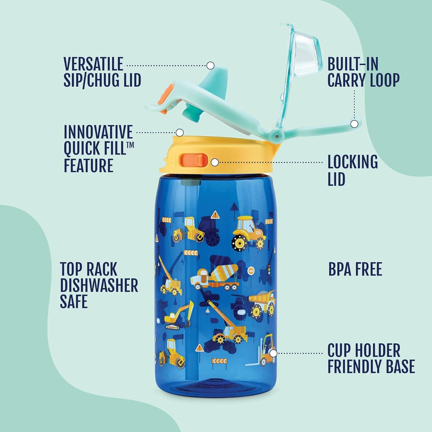 imageEllo Pop amp Fill 16oz Tritan Plastic Kids Water Bottle with Quick Fill Lid BPA Free Reusable Bottle with Leak Proof Straw and Chug Lid Dishwasher Safe Gift For Kids DinoConstruction