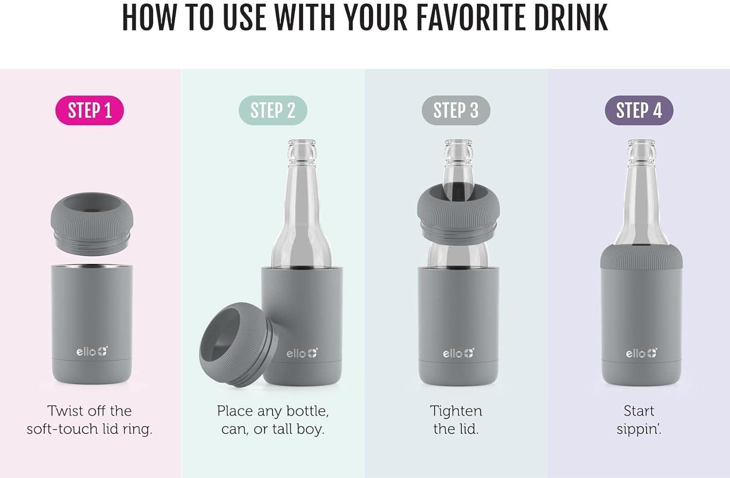 imageEllo Stainless Steel Insulated Can Cooler Keeps 12oz 16oz Slim Cans and Glass Bottles Cold Metal Drink Holder Perfect for Beer Soda and Hard SeltzerGray
