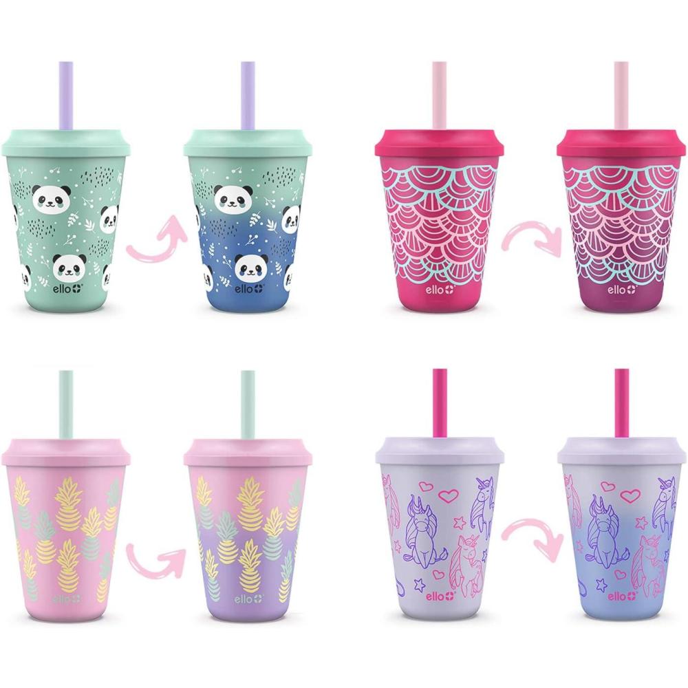 imageEllo 12oz Kids Plastic Reusable Color Changing Cups with Twist on SplashProof Lids and Straw BPA Free Dishwasher SafeFruit Pop