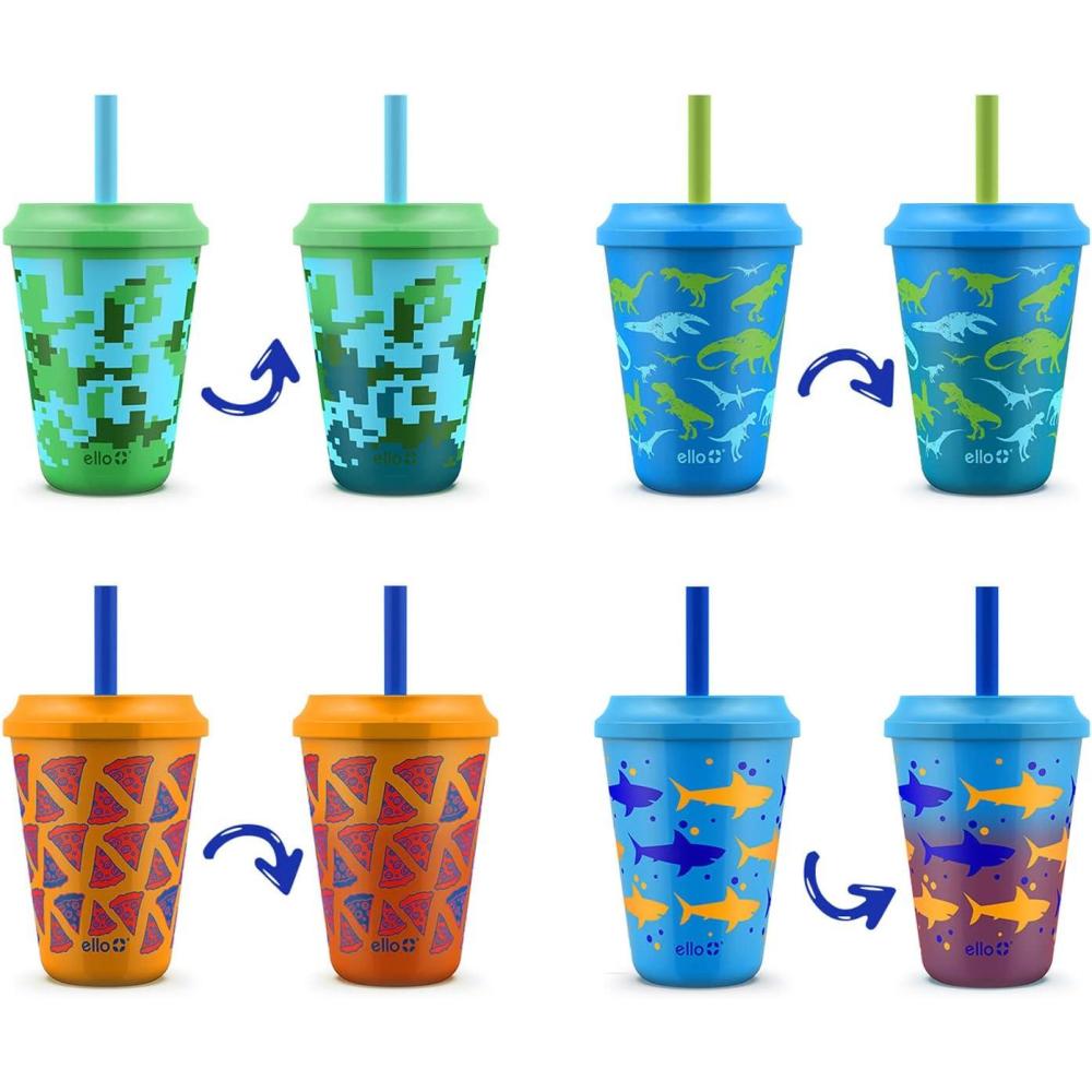imageEllo 12oz Kids Plastic Reusable Color Changing Cups with Twist on SplashProof Lids and Straw BPA Free Dishwasher SafeRainforest